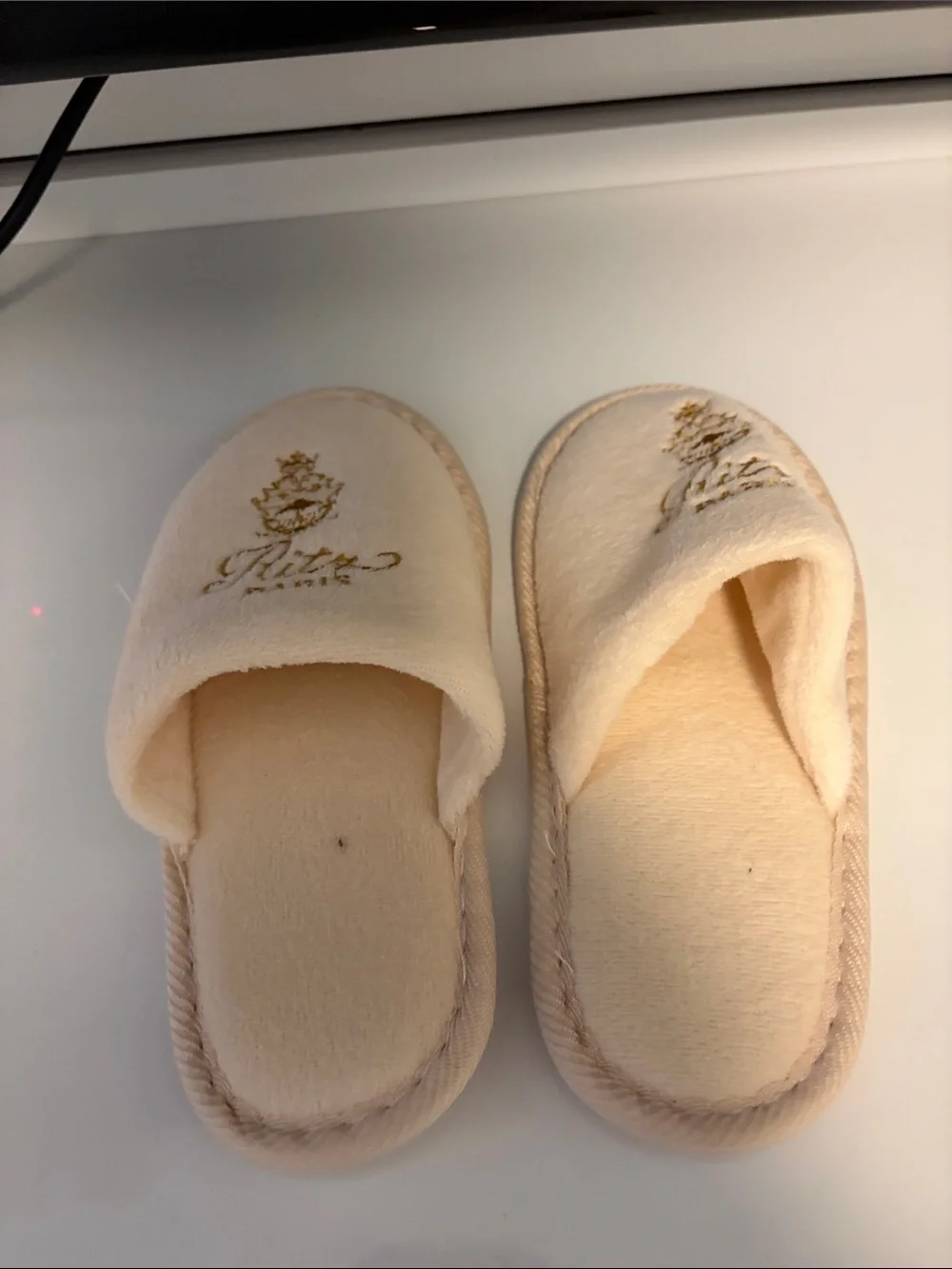 Ritz Paris Plush Cream Kids Slippers with Gold Script Accent